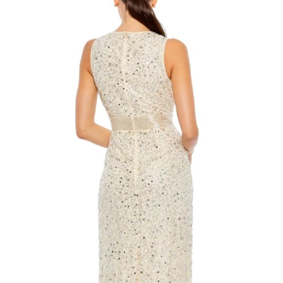 MAC DUGGAL GEOMETRIC EMBELLISHED SLEEVELESS A-LINE NUDE SILVER DRESS sz 8 - Picture 3 of 6